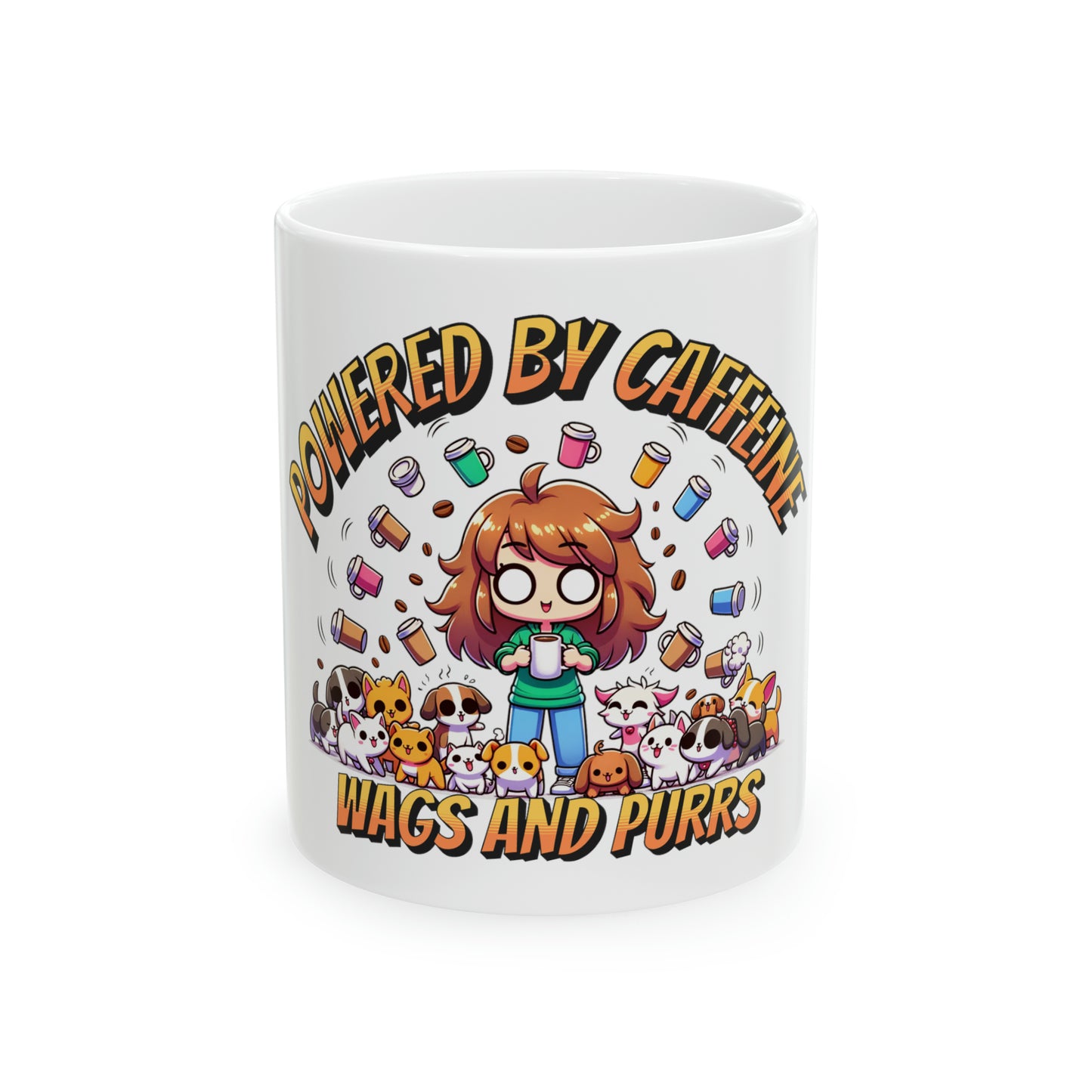 Powered by caffeine Wags and Purrs Mug, 11oz