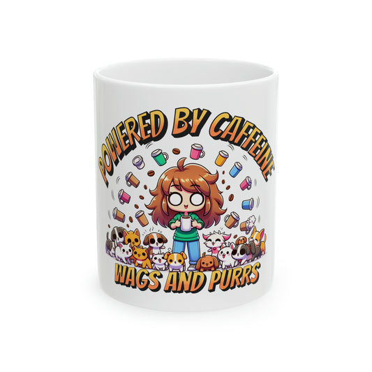 Powered by caffeine Wags and Purrs Mug, 11oz